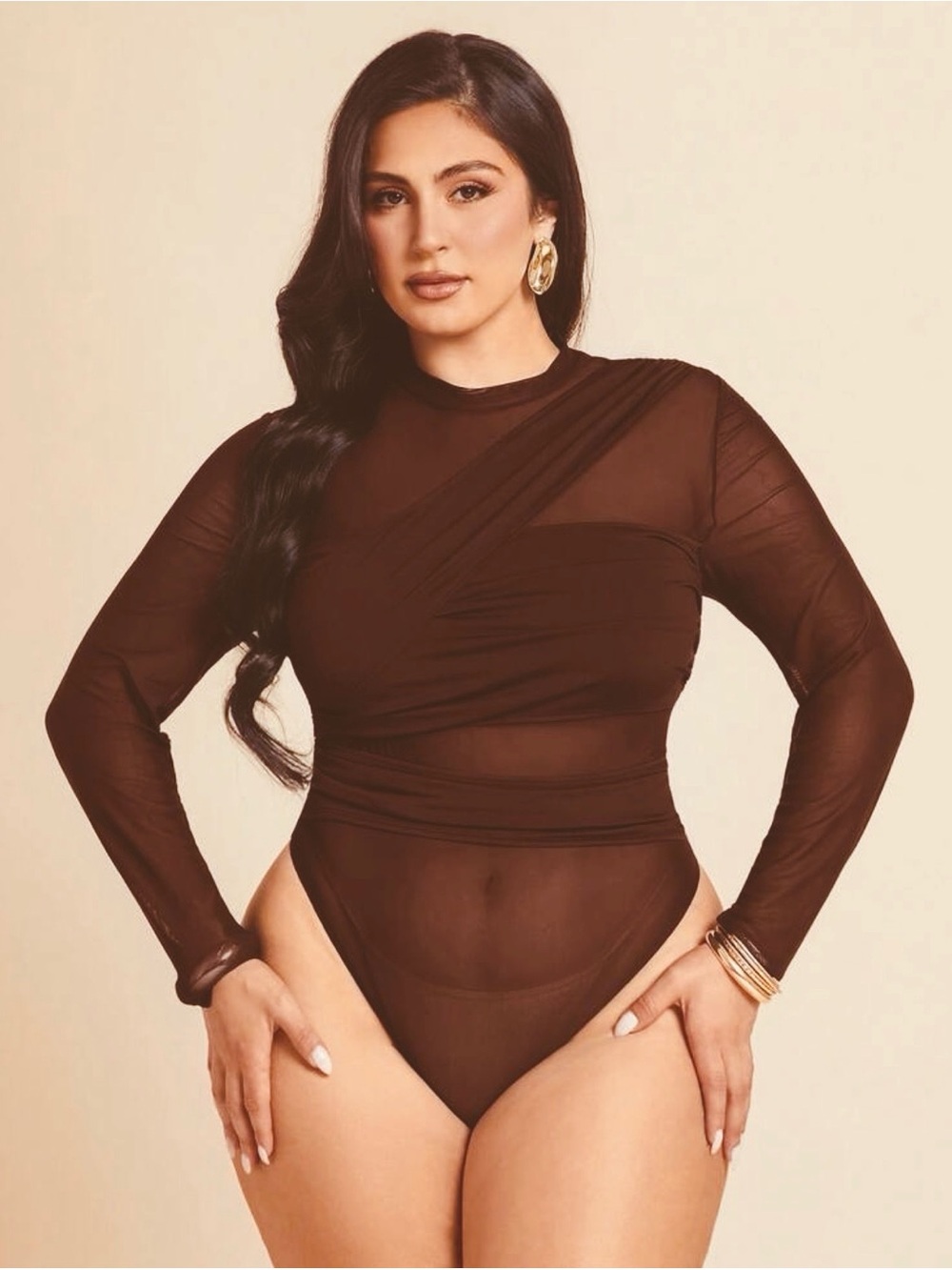 New Brown Sheer Long-Sleeve Bodysuit - Women Tops